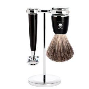 Mühle Barbersæt: DE-Skraber, Pure Badger Barberkost og Holder, Rytmo, Sort Resin (1 sæt)